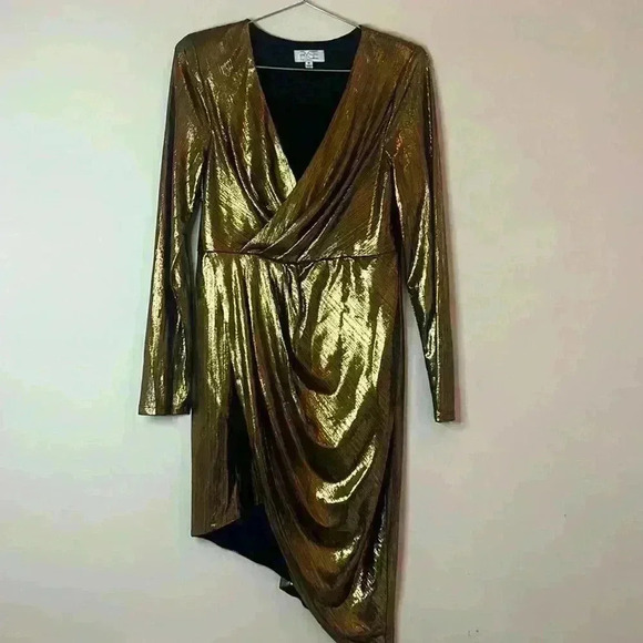 Ryse Gold Metallic Long Sleeve Asymmetrical Mini Dress - Picture 2 of 9